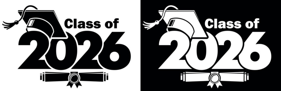 Lettering Class of 2026 for greeting, invitation card. Text for graduation design, congratulation event, T-shirt, party, high school or college graduate. Illustration, vector on transparent and black 