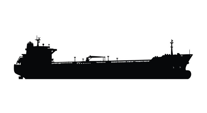 A stark silhouette of a large oil tanker ship against a clean white background high quality