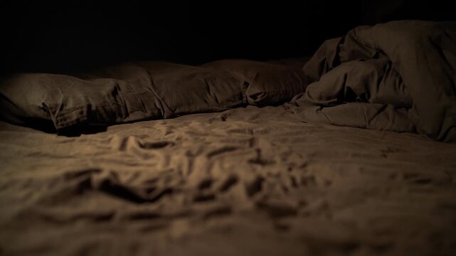 A bed with black bedding