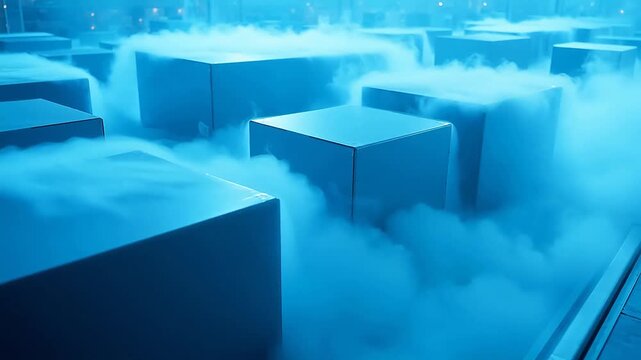 Blue cubes in foggy environment symbolizing creativity, art, and imagination
