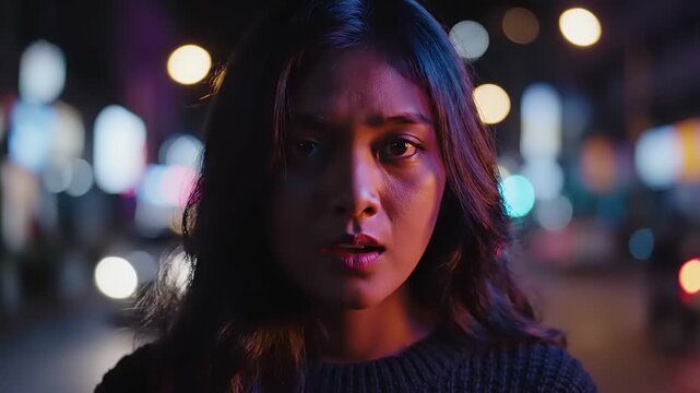 A woman looks concerned standing alone on a city street at night