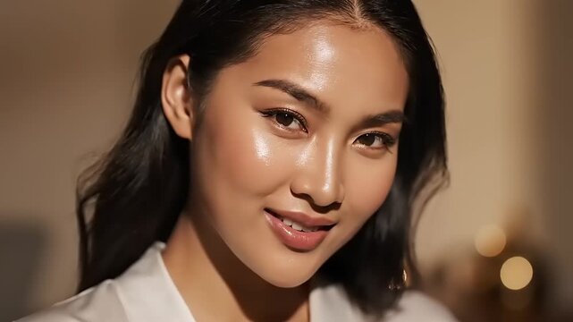 Woman with clean glowing skin and dark hair smiling directly at camera in soft indoor lighting wearing white shirt
