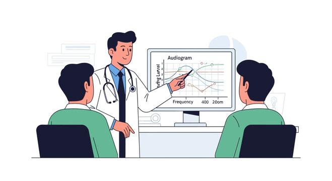 Doctor explains audiogram results to patients, hearing test consultation