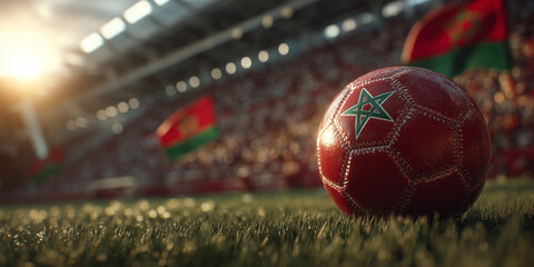 Fototapeta premium Red soccer ball with Moroccan flag emblem rests on rich green grass field. Stadium filled with fans, Moroccan flags wave. Sunny day match atmosphere, sports excitement, national pride