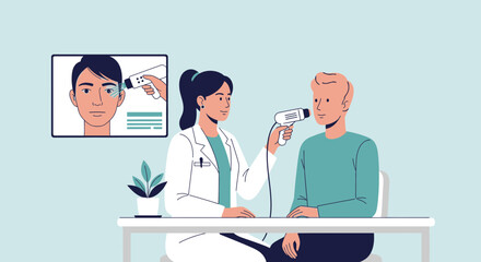 Fototapeta premium Doctor using infrared thermometer to check patient's temperature at desk, medical checkup