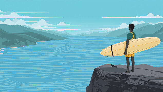 海を見下ろす崖に立つ日本人男性サーフトラベラーのイラスト