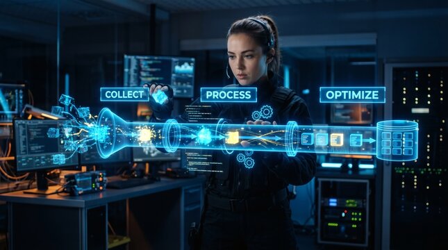A woman in a dark room interacts with a futuristic holographic display showing data processing and optimization.
