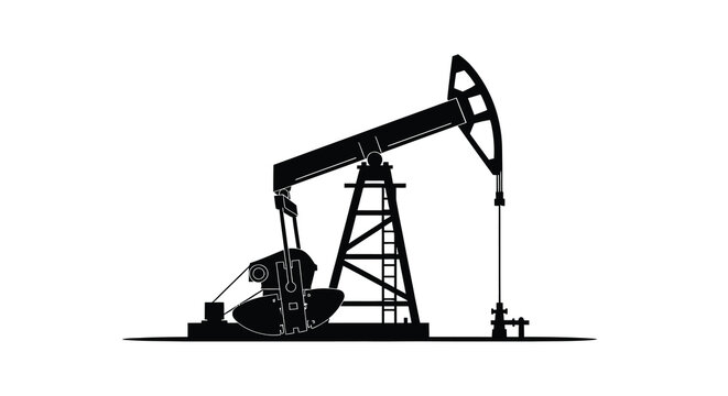 A stark silhouette of a classic oil pump commonly known as a nodding donkey against white