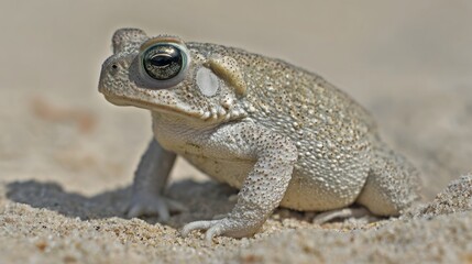 Obraz premium herpetology. Macro view of a Sonoran Desert Toad resting on sandy terrain in natural sunlight. wildlife magazines, conservation campaigns, designed for wildlife conservation campaigns. 