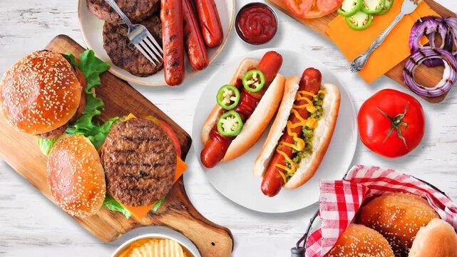 Summer BBQ food table scene with hot dog and hamburger buffet. Stop motion loopable table placement video. Overhead view on a white wood background.