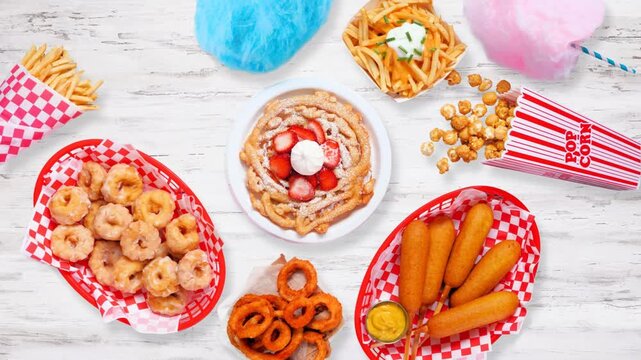 Carnival theme food table scene over a white wood background. Loopable table placement stop motion video. Summer fair concept. Corn dogs, funnel cake, cotton candy and snacks.