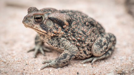 Obraz premium herpetology. Macro view of a Sonoran Desert Toad resting on sandy terrain in natural sunlight. wildlife magazines, conservation campaigns, designed for wildlife conservation campaigns. 