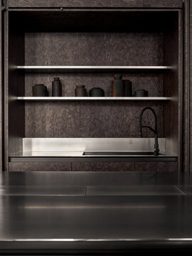 Modern kitchen shelving with integrated sink and textured wood surface