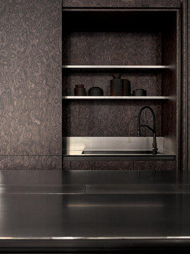 Modern kitchen shelving with integrated sink and textured wood surface