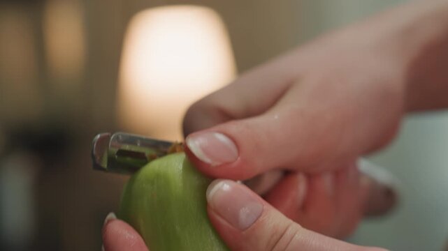 Closeup of hands peeling fresh green apple. Home cook carefully peeling green apple under warm lighting. Detailed shot of hands expertly peeling green apple in cozy kitchen setting