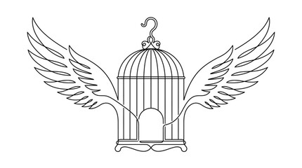 Fototapeta premium Minimalist Birdcage with Wings Line Art Logo, Continuous Line Vector Illustration of Freedom Concept