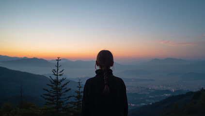 Fototapeta premium 夜明け前の高台で景色を眺める日本人女性の静かな写真