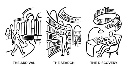 Obraz premium Arrival, Search, and Discovery - Symbolic Journey Through Knowledge.
