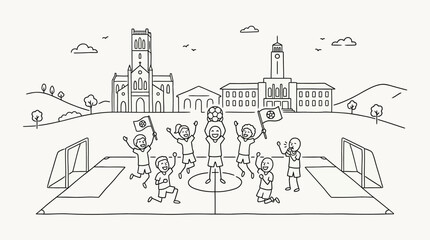 Fototapeta premium Joyful children celebrating a soccer goal with flags and excitement.