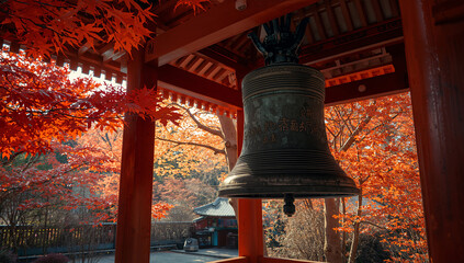 Obraz premium 紅葉に包まれた鐘楼と寺の鐘を写した秋の和風景写真