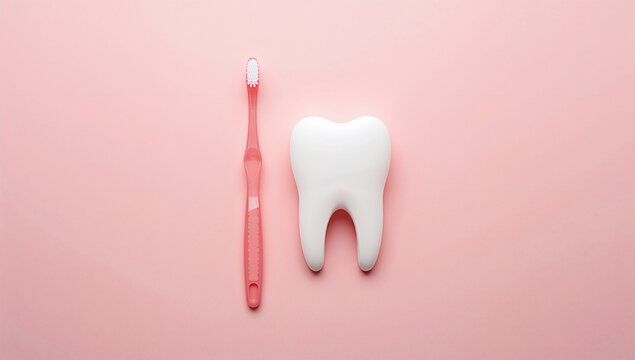 ピンク背景に歯ブラシと歯型オブジェを並べた口腔ケアの俯瞰写真