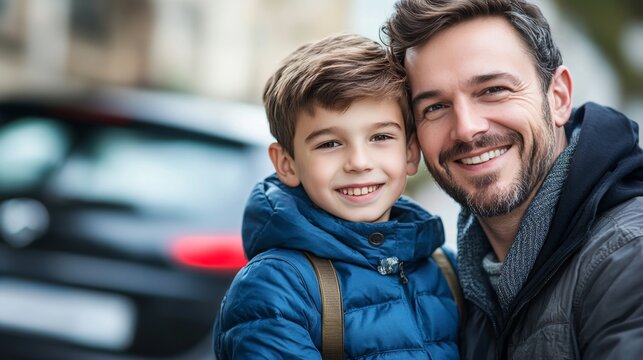 Joyful father and son portrait captured by their car, celebrating cherished moments together