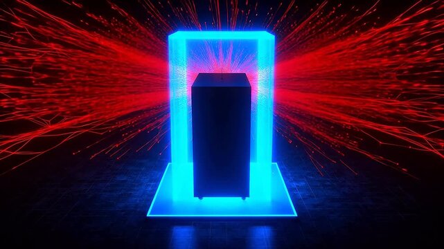 Abstract glowing box with red light beams symbolizing global connectivity and communication
