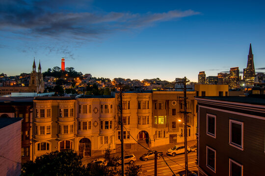 Aerial view of North Beach, San Francisco at first light.