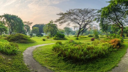 Fototapeta premium fountain. Panoramic view of a lush city park with winding paths, bathed in soft morning sunlight. travel magazines, destination branding, designed for travel destination branding. 