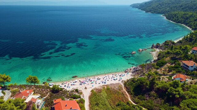 Aerial View of Fava Beach and Rocky Coastline, Sithonia, Greece