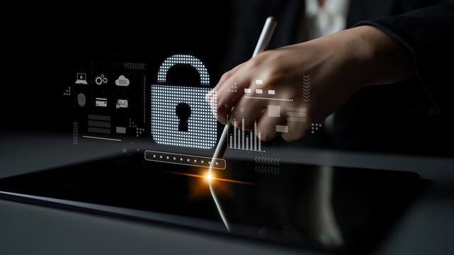 Cybersecurity protection system showing password encryption, fingerprint ID, cloud security, email, credit card, and database lock for secure data access Latch