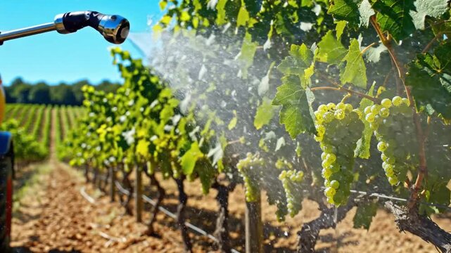 Vineyard spraying: Close-up of insecticide application to protect grapes with a tractor in a sunny field on a summer day