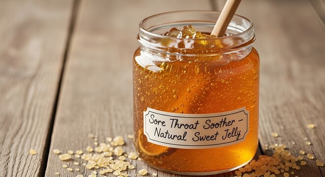 Glass jar labeled Sore Throat Soother Natural Sweet Jelly with wooden stirrer and scattered gelatin crystals on rustic wood table, homemade herbal remedy product concept
