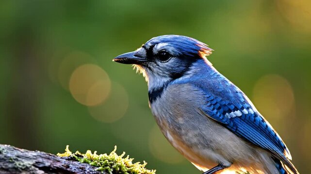 Beautiful blue jay bird perched on a mossy branch with glowing sunlight against a blurred green background
