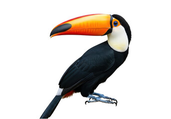 Fototapeta premium A detailed close up profile view of a vibrant toco toucan showing its large iconic orange beak isolated on transparent background