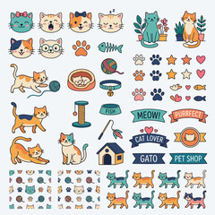 Fototapeta premium A vibrant collection of cartoon cats and their accessories, including food bowls, scratching posts, toys, and paw prints, set against a light background.