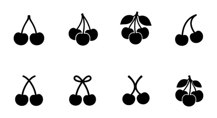 Minimalist cherry icon set, black fruit silhouettes, 8 organic berry vector elements © Jubayer