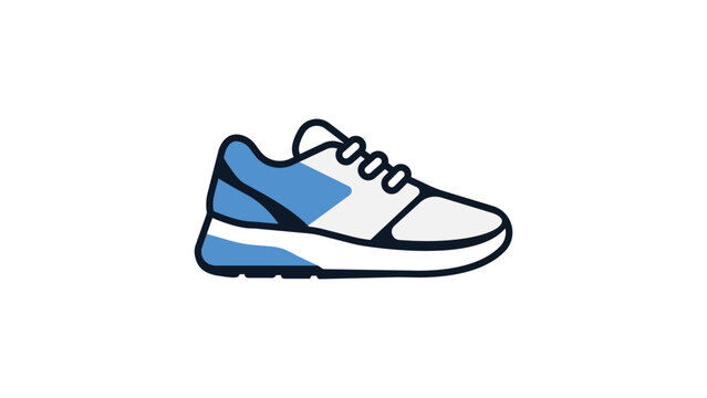 Modern flat vector icon of a blue and white athletic sneaker shoe shown from a side profile view. This minimalist hand-drawn illustration is a scalable SVG graphic for sports and fashion design.