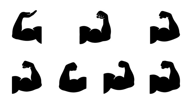 Strong bicep muscle silhouettes, 7 fitness arm icons, gym workout vector collection