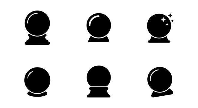 Magic crystal ball icon set, 6 black mystical sphere vectors, fortune teller symbols
