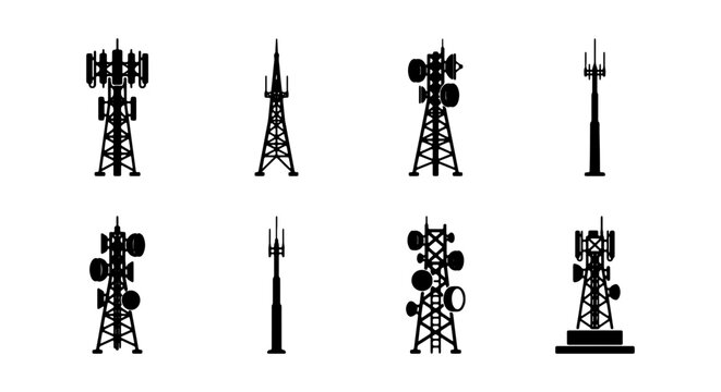 Telecommunication tower silhouettes, 8 radio antenna icons, cellular network masts set