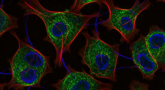 Fluorescent Microscopy Image of Cells with Green and Blue Staining
