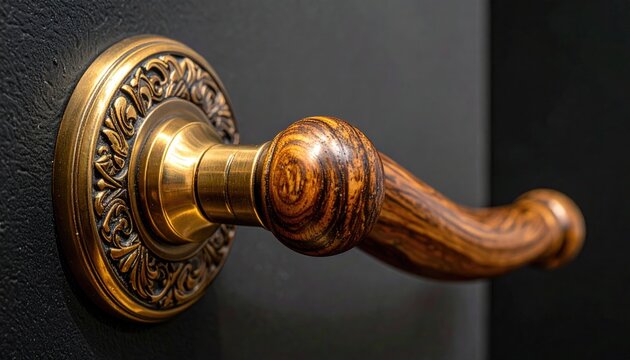 Elegant vintage brass and wood door handle on dark background
