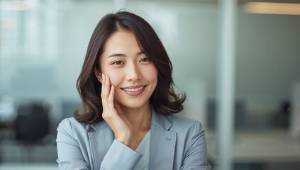 Obraz premium 明るいオフィスで頬に触れながら微笑む日本人女性の健康表現