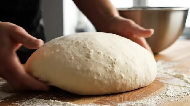 Chef kneading fresh dough ball on wooden cutting board with flour in kitchen preparing to bake bread