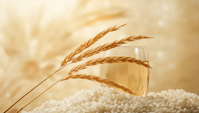 収穫期の稲穂から日本酒の原料感を想起させる上質な写真