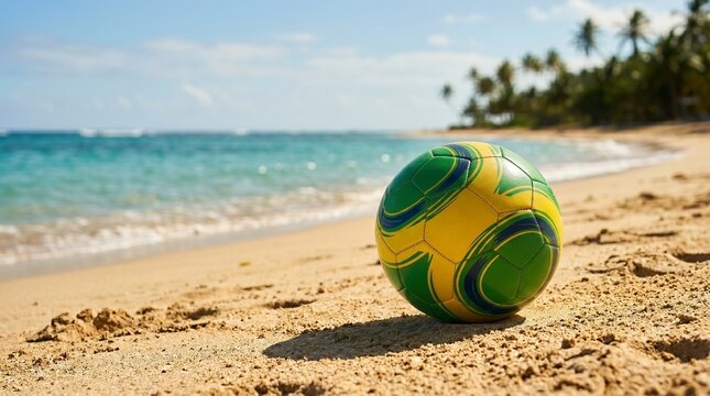 Soccer Ball on Tropical Beach Green and Yellow Summer Theme