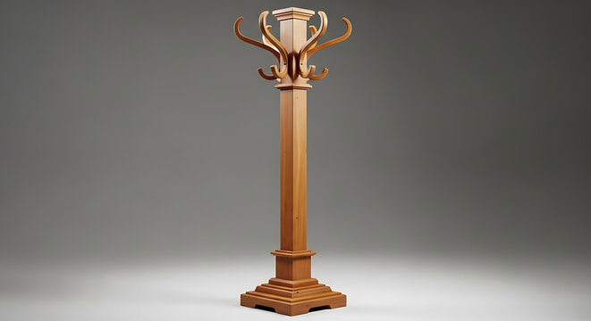 Elegant Wooden Coat Rack Stand with Multiple Hooks for Hats and Coats in Neutral Studio Setting