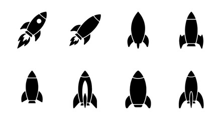 Rocket ship icons set, 8 black spaceship silhouettes, startup launch vector graphics © Hasna