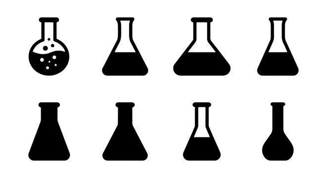 Laboratory flask icon set, 8 science beaker vector symbols, chemistry glass silhouettes